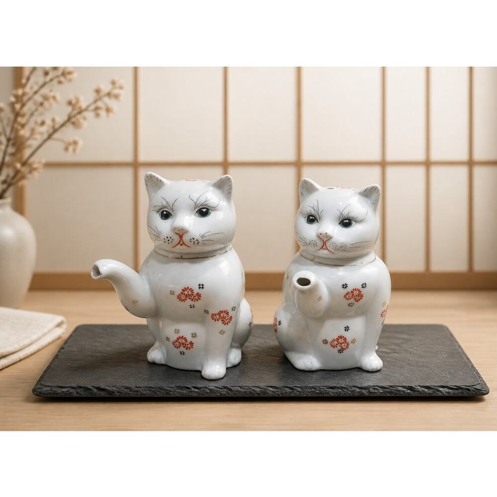 Vintage Chinese Raised Paw White Lucky Cat Lidded Teapots 5.5” Bundle of (2)READ